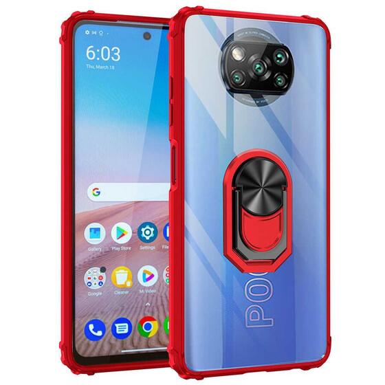 Xiaomi Poco X3 Kılıf Yüzüklü Standlı Manyetik Şeffaf Armor Zırh