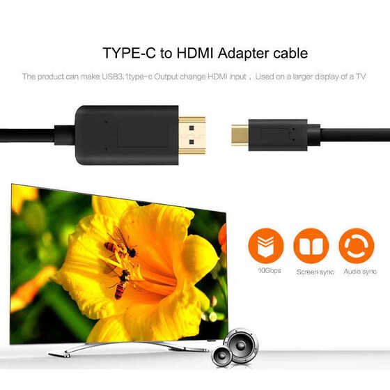 Qgeem QG-UA11 Type-C to HDMI 4K Kablo 3 metre - HDCP özelliği - 10 Gbps Görüntü Aktarım Kablosu