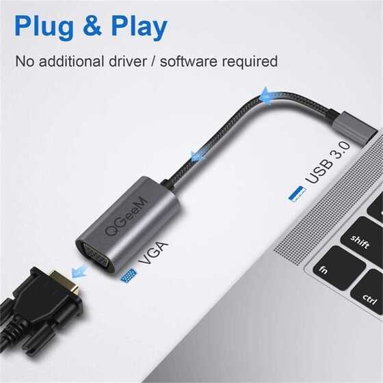 Qgeem QG-UA07 USB 3.0 to VGA Dönüştürücü 1080p Full HD Görüntü Aktarım Kablosu Tak & Çalıştır