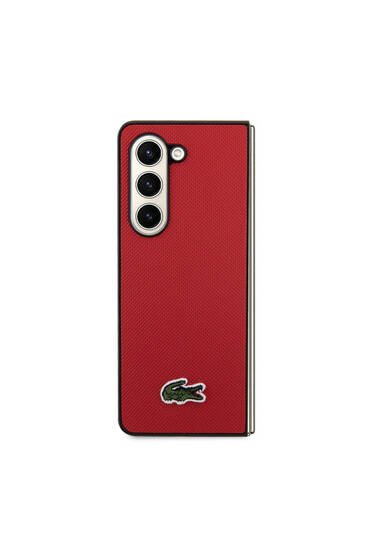 Galaxy Z Fold 5 Uyumlu Kılıf Lacoste Lisanslı PU Pike Desenli İkonik Timsah Logolu Kırmızı