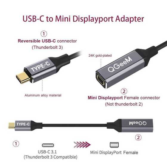 Qgeem QG-UA08 Female Mini Display Port to Type-C Dönüştürücü Adaptör 4K 60Hz Görüntü Aktarım