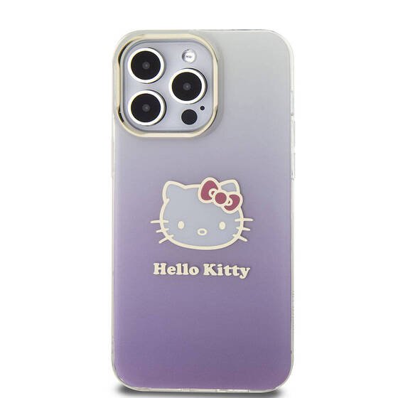 iPhone 15 Pro Max Kılıf Hello Kitty Orjinal Lisans Yazı ve İkonik Logo Elektroplating Gradyan Mor