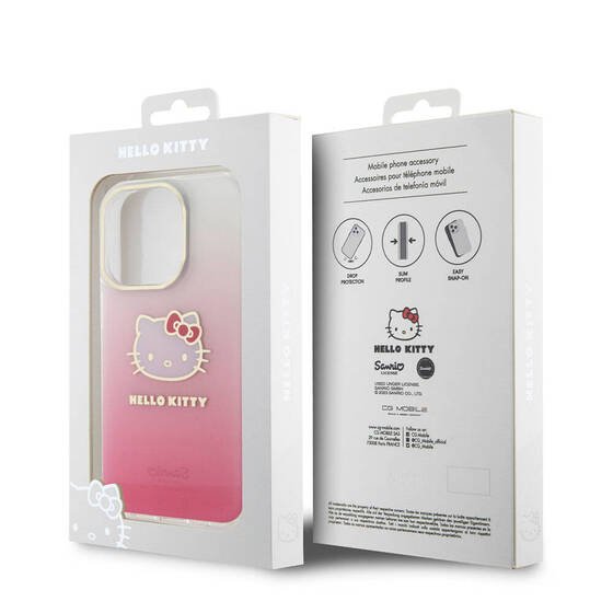 iPhone 15 Pro Max Kılıf Hello Kitty Orjinal Lisans Yazı ve İkonik Logo Elektroplating Gradyan Pembe