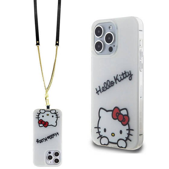 iPhone 15 Pro Max Kılıf Hello Kitty Orjinal Lisanslı Askılı Yazı ve İkonik Logolu Daydreaming Beyaz