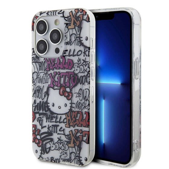 iPhone 15 Pro Max Kılıf Hello Kitty Orjinal Lisanslı İkonik Logolu Etiket Graffiti Kapak Beyaz