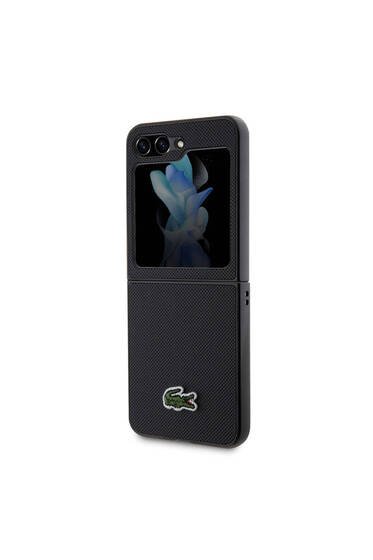 Galaxy Z Flip 5 Uyumlu Kılıf Lacoste Lisanslı PU Pike Desenli Yüzey İkonik Timsah Logolu Siyah