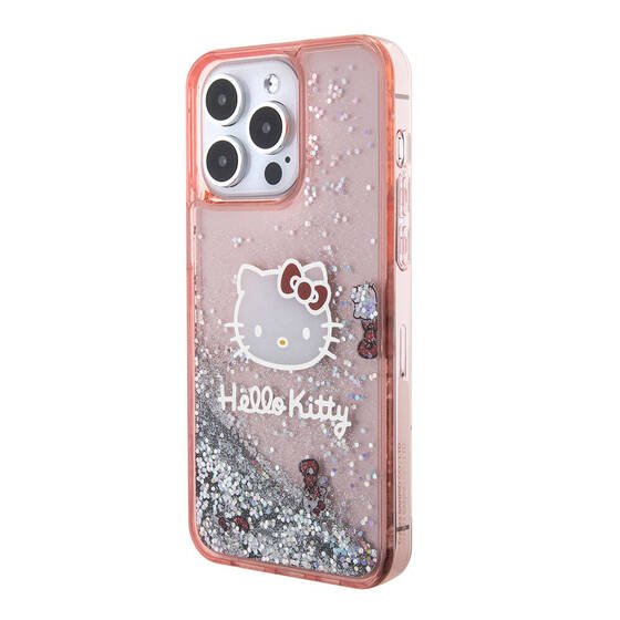 iPhone 15 Pro Max Kılıf Hello Kitty Orjinal Lisanslı İkonik Sıvılı Glitter Kapak Pembe