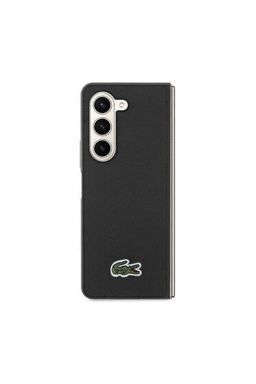 Galaxy Z Fold 5 Uyumlu  Kılıf Lacoste Lisanslı PU Pike Desenli Yüzey İkonik Timsah Logolu Siyah