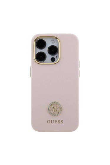 15 Pro uyumlu Kılıf Guess Lisanslı Yazı ve Taşlı 4G Logolu Metal Kamera Çerçeveli Pembe