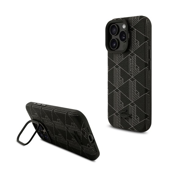 Apple iPhone 16 Pro Max Kılıf Lacoste Orjinal Lisanslı M-safe Şarj Özellikli Standlı PU Deri Karışık Monogram Desenli Kapak