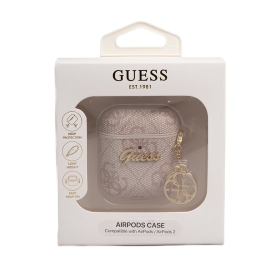 Apple Airpods Kılıf Guess Orjinal Lisanslı 4G Desenli Metal Script Logolu 4G Charm Sağdan Askılı PU Deri Kılıf