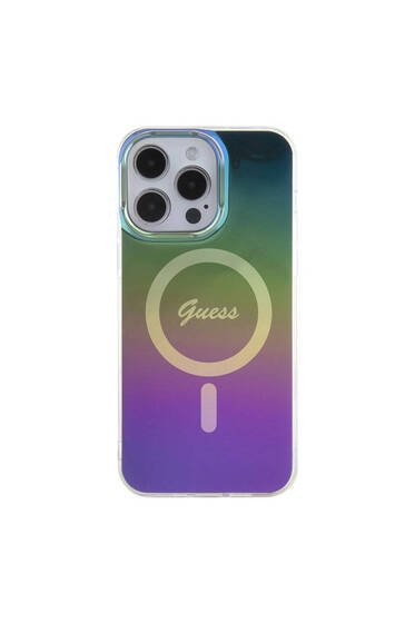 iPhone 15 Pro Max Uyumlu Kılıf Guess Lisans Magsafe Şarj Özellik Yazı Logo Iridescent Siyah