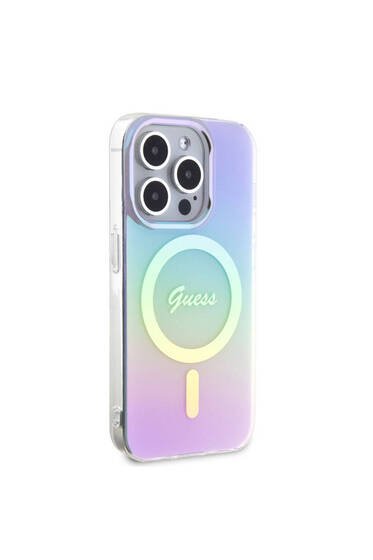 iPhone 15 Pro Max Uyumlu Kılıf Guess Lisanslı Magsafe Şarj Özellik Yazı Logo Iridescent Mor