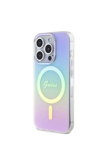 iPhone 15 Pro Max Uyumlu Kılıf Guess Lisanslı Magsafe Şarj Özellik Yazı Logo Iridescent Mor