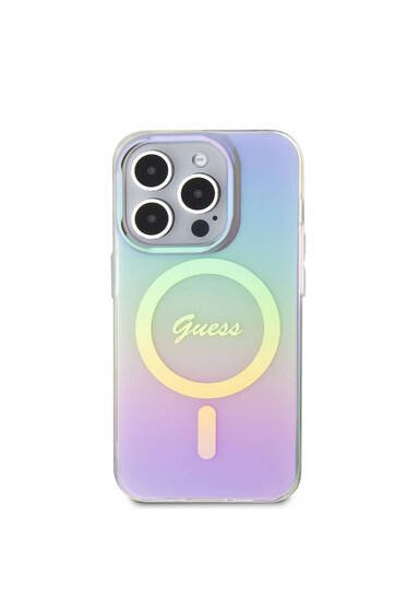 iPhone 15 Pro Max Uyumlu Kılıf Guess Lisanslı Magsafe Şarj Özellik Yazı Logo Iridescent Mor