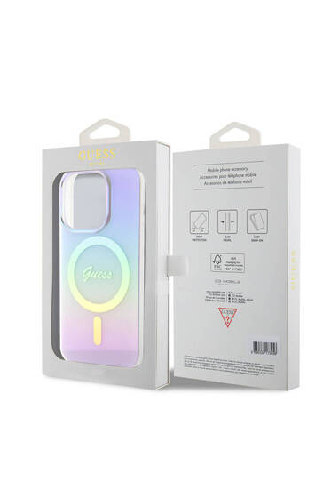 iPhone 15 Pro Max Uyumlu Kılıf Guess Lisanslı Magsafe Şarj Özellik Yazı Logo Iridescent Mor