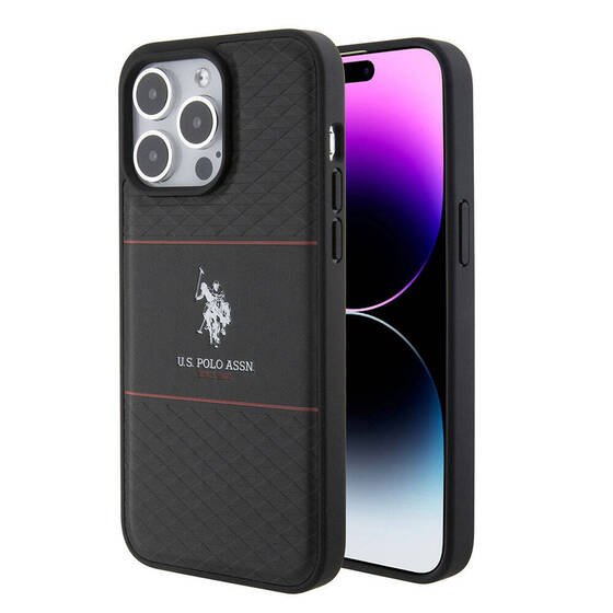 iPhone 15 Pro Max Kılıf U.S. Polo Assn. Orjinal Lisanslı Deri Şeritli Logo Dizayn Kapak Siyah