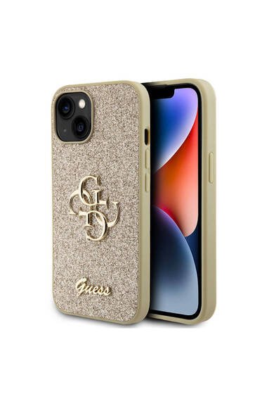 iPhone 15 Uyumlu Kılıf Guess Lisanslı 4G Büyük Metal Logolu Glitter Kapak Gold