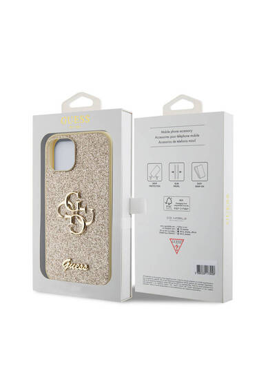 iPhone 15 Uyumlu Kılıf Guess Lisanslı 4G Büyük Metal Logolu Glitter Kapak Gold