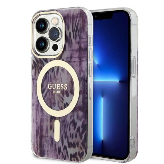 Apple iPhone 14 Pro Kılıf GUESS Magsafe Şarj Özellikli Leopar Desenli Kapak