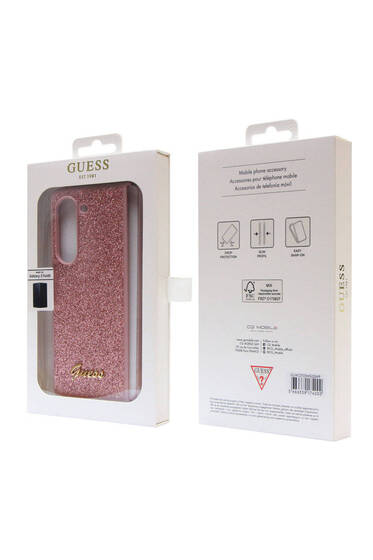 Galaxy Z Fold 5 Uyumlu Kılıf Guess Lisanslı Yazı Logolu Glitter Script Kapak Pembe