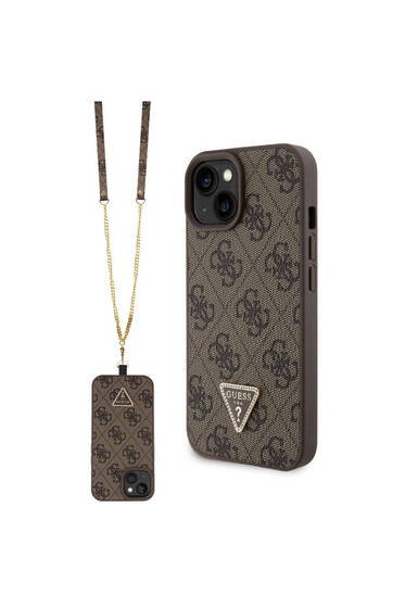 iPhone 15 Kılıf Guess Lisanslı PU Deri Askılı Taşlı Üçgen Logo 4G Desen Strass Crossbody Kahverengi