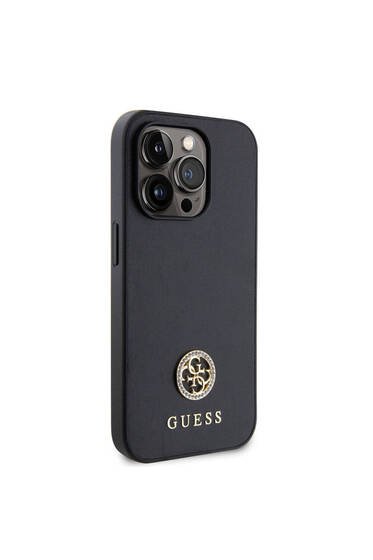 iPhone 15 Pro Uyumlu Kılıf Guess Lisanslı Deri 4G Metal Logo Strass Kapak Siyah