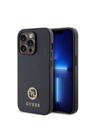 iPhone 15 Pro Uyumlu Kılıf Guess Lisanslı Deri 4G Metal Logo Strass Kapak Siyah