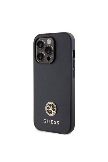 iPhone 15 Pro Uyumlu Kılıf Guess Lisanslı Deri 4G Metal Logo Strass Kapak Siyah