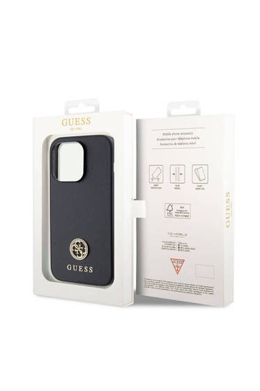 iPhone 15 Pro Uyumlu Kılıf Guess Lisanslı Deri 4G Metal Logo Strass Kapak Siyah