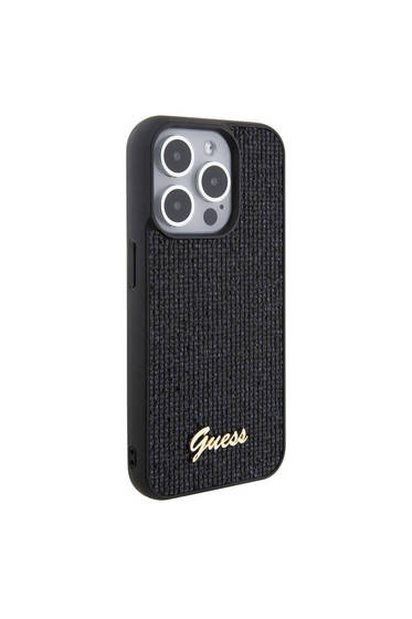 iPhone 15 Pro Max Uyumlu Kılıf Guess Lisanslı Yazı Logolu Disco Script Metal Kapak Siyah