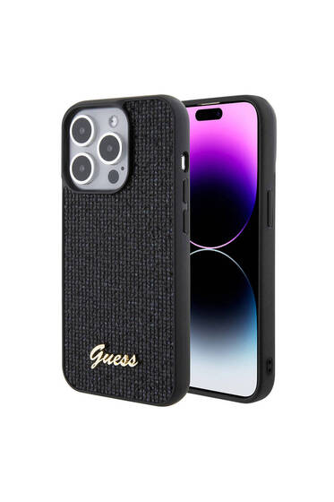 iPhone 15 Pro Max Uyumlu Kılıf Guess Lisanslı Yazı Logolu Disco Script Metal Kapak Siyah