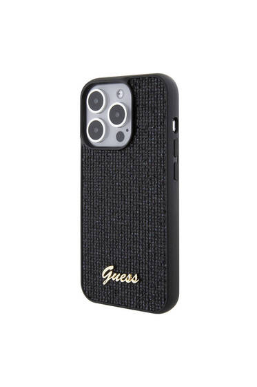 iPhone 15 Pro Max Uyumlu Kılıf Guess Lisanslı Yazı Logolu Disco Script Metal Kapak Siyah