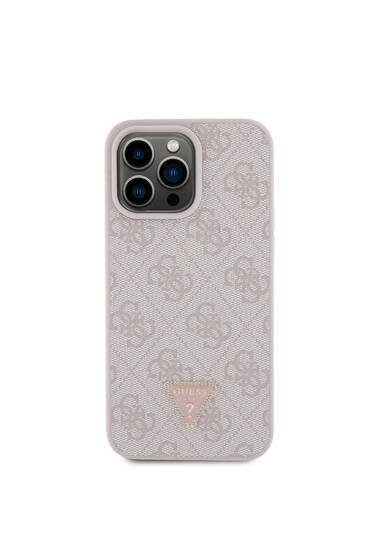 iPhone 15 Pro Max Uyumlu Kılıf Guess Lisans PU Deri Taşlı Üçgen Logo 4G Desen Strass Pembe