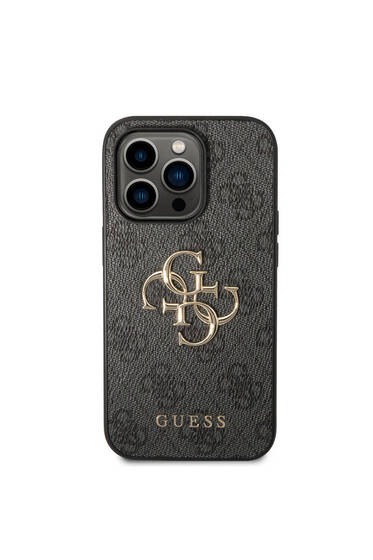 iPhone 15 Pro Max Uyumlu Kılıf Guess Lisanslı PU Deri Yazı ve 4G Metal Logolu Desenli Gri