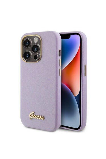 iPhone 15 Pro Max Uyumlu Kılıf Guess Lisanslı Yazı Logolu Glitter Glossy Script Kapak Lila