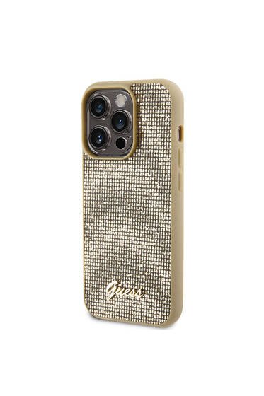 iPhone 15 Pro Uyumlu Kılıf Guess Lisanslı Yazı Logolu Disco Script Metal Kapak Gold