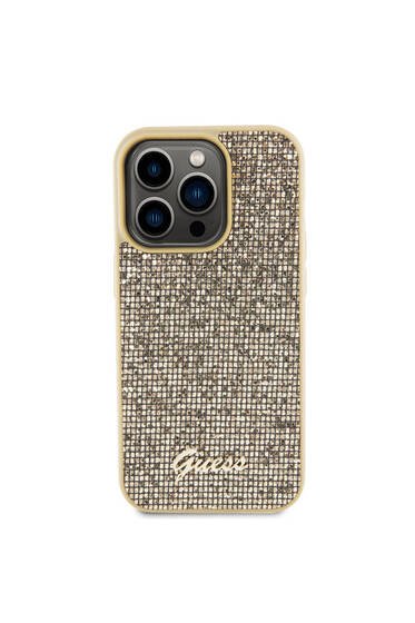 iPhone 15 Pro Uyumlu Kılıf Guess Lisanslı Yazı Logolu Disco Script Metal Kapak Gold