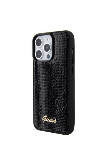 iPhone 15 Pro Uyumlu Kılıf Guess Lisanslı Pullu Arka Yüzey Metal Yazı Logolu Sequin Script Siyah