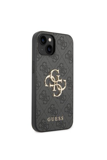 iPhone 15 Uyumlu Kılıf Guess Lisanslı PU Deri Yazı ve 4G Metal Logolu Desenli Kapak Gri