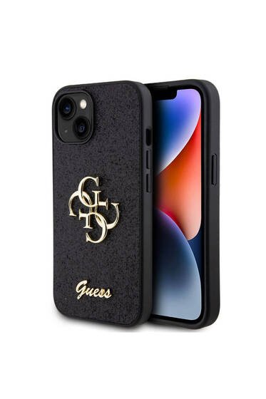 iPhone 15 Uyumlu Kılıf Guess Lisanslı 4G Büyük Metal Logolu Glitter Kapak Siyah