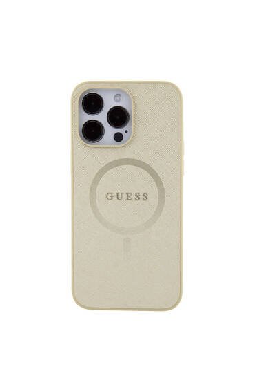 iPhone 15 Pro Max Uyumlu Kılıf Guess Lisanslı Magsafe Şarj Özellikli Yazı Logolu Saffiano Krem