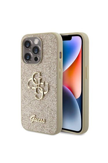 iPhone 15 Pro Max Uyumlu Kılıf Guess Lisanslı 4G Büyük Metal Logolu Glitter Kapak Gold