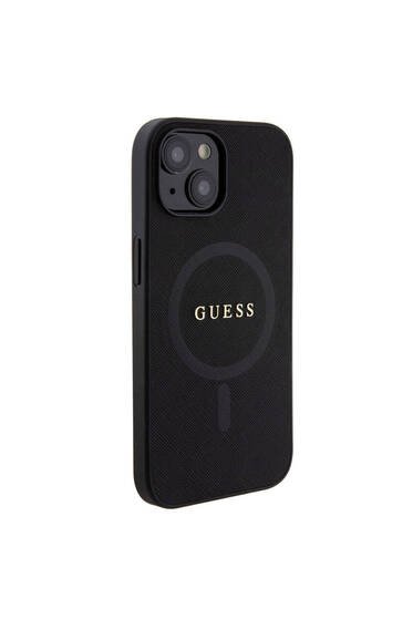 iPhone 15 Uyumlu Kılıf Guess Lisanslı Magsafe Şarj Özellikli Yazı Logo Saffiano Kapak Siyah