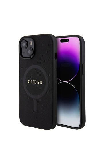 iPhone 15 Uyumlu Kılıf Guess Lisanslı Magsafe Şarj Özellikli Yazı Logo Saffiano Kapak Siyah