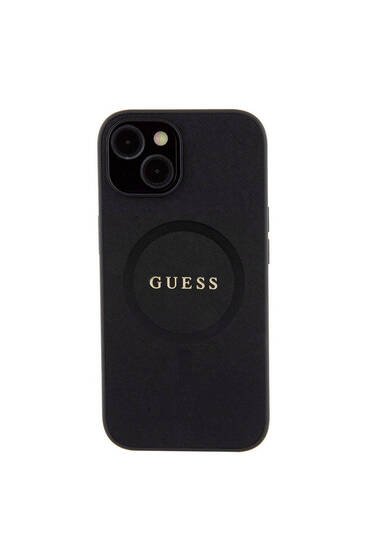 iPhone 15 Uyumlu Kılıf Guess Lisanslı Magsafe Şarj Özellikli Yazı Logo Saffiano Kapak Siyah