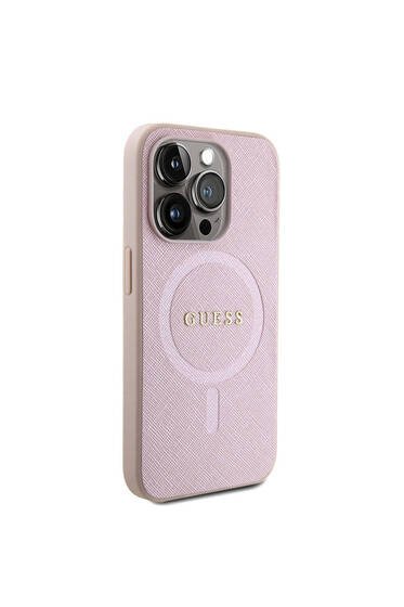 iPhone 15 Uyumlu Kılıf Guess Lisanslı Magsafe Şarj Özellikli Yazı Logo Saffiano Kapak Pembe