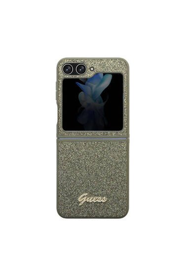 Galaxy Z Flip 5 Uyumlu Kılıf Guess Lisanslı Yazı Logolu Glitter Flakes Kapak Haki