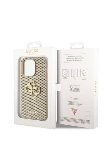 iPhone 15 Pro Uyumlu Kılıf Lisanslı Delikli Yazı ve 4G Glitter Büyük Metal Logo Gold