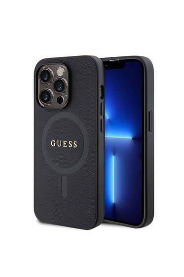 iPhone 15 Pro Uyumlu Kılıf Guess Lisanslı Magsafe Şarj Özellikli Yazı Logolu Saffiano Siyah